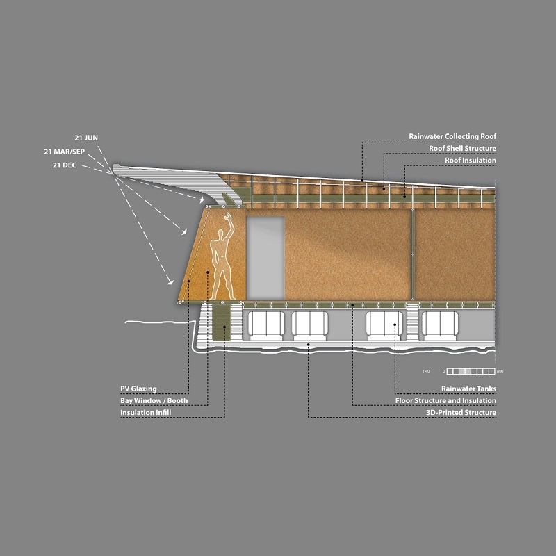 A SECTION OF A 3D-PRINTED RAIN CATCHER HOUSE