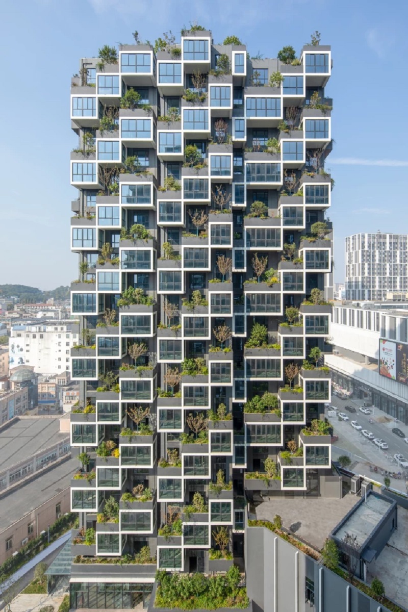 The Easyhome Huanggang Vertical Forest City Complex's two Vertical Forest towers reach a height of 80 m (262 ft) Raw Vision Studio