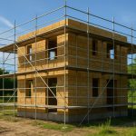 Is Brick a Sustainable Building Material? Exploring Seaweed Bricks for Greener Construction Eco-friendly building under construction with sustainable seaweed bricks, surrounded by scaffolding and greenery.