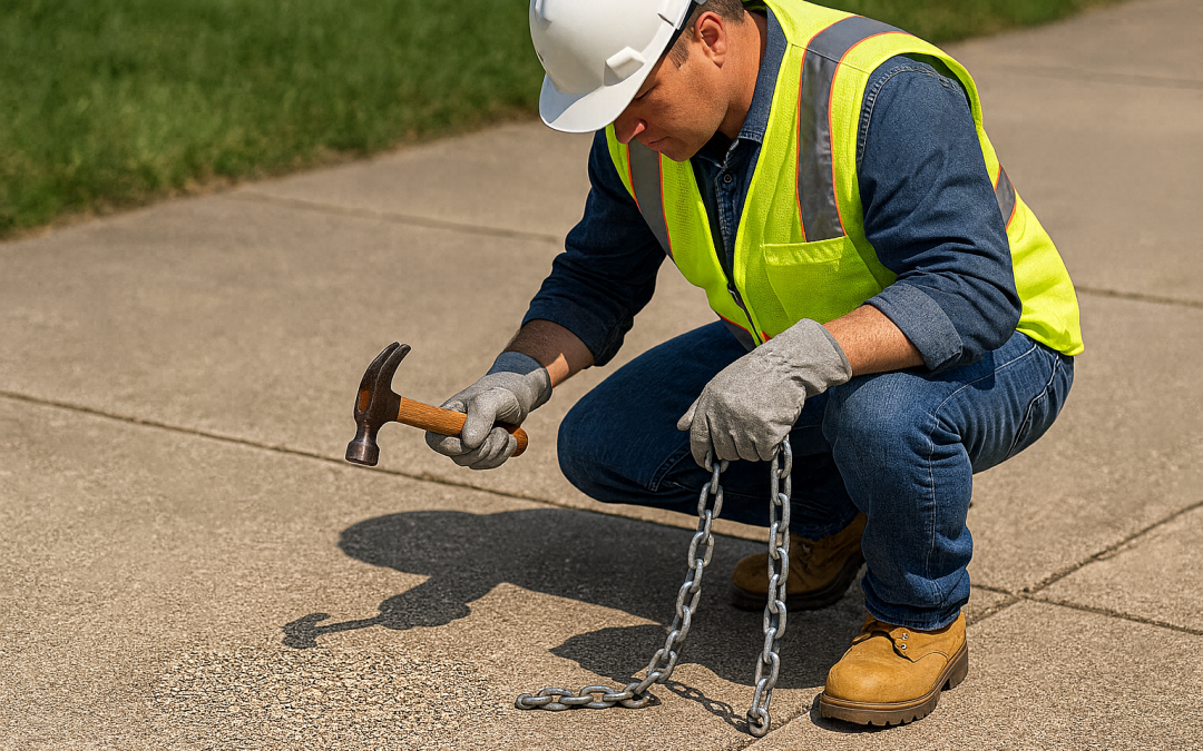 Construction worker kneeling on an intact concrete surface while performing a concrete soundness test using a hammer and steel chain, wearing safety gear in an outdoor setting.
