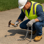 Construction worker kneeling on an intact concrete surface while performing a concrete soundness test using a hammer and steel chain, wearing safety gear in an outdoor setting.