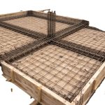 Elevated reinforced concrete floor of a multi-storey building under construction, showing dense steel rebar mesh, beam reinforcement, timber formwork and supporting scaffolding ready for concrete placement.