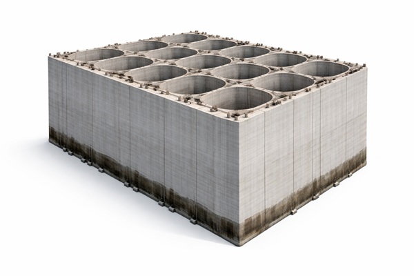 Offshore breakwater construction showing large reinforced concrete caisson installation on a prepared seabed using marine equipment and floating platforms