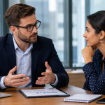 Professional business professionals discussing negotiation strategies during a meeting in a modern office, illustrating effective communication, collaboration and negotiation skills.