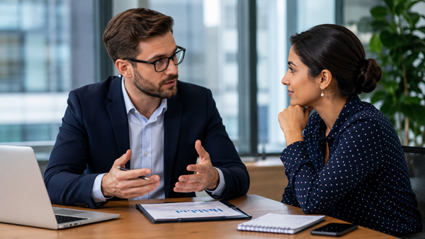 Professional business professionals discussing negotiation strategies during a meeting in a modern office, illustrating effective communication, collaboration and negotiation skills.
