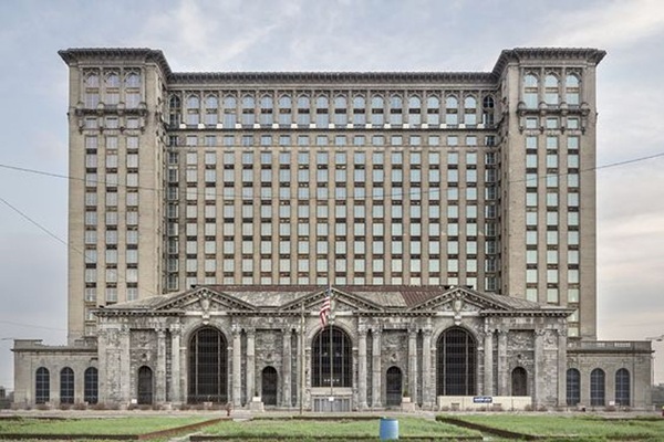 Restored Michigan Central Station illustrating building and restoration through preservation of its historic architecture.