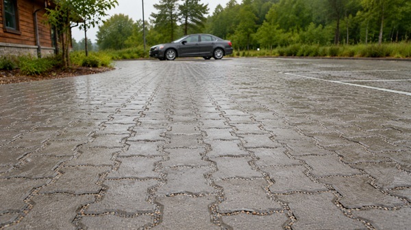 Rainwater soaking through permeable paving in a municipal parking lot.
