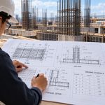 How to Read Rebar Shop Drawings: A Practical Guide Engineer reviewing rebar shop drawings on a reinforced concrete construction site.