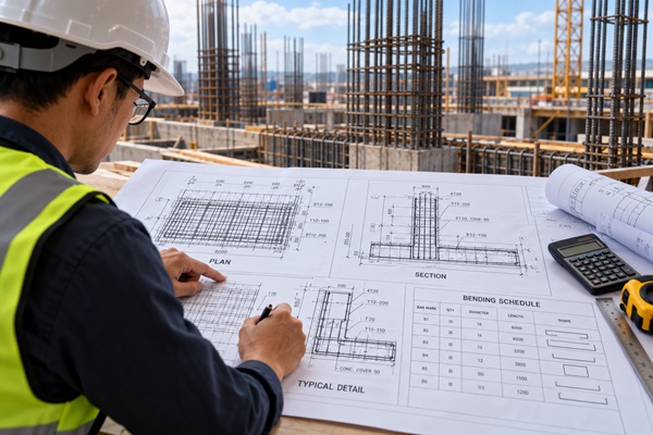 Engineer reviewing rebar shop drawings on a reinforced concrete construction site.