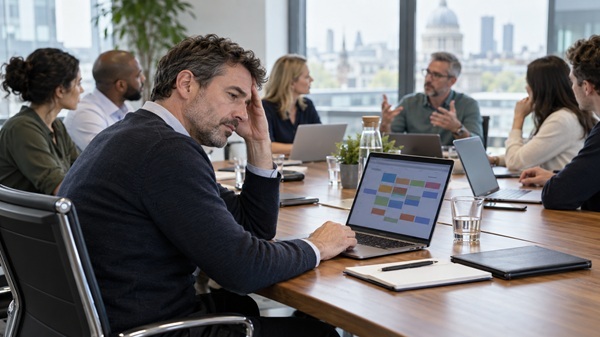 Meeting overload leaves a manager distracted as colleagues discuss work beside a laptop displaying a busy calendar.